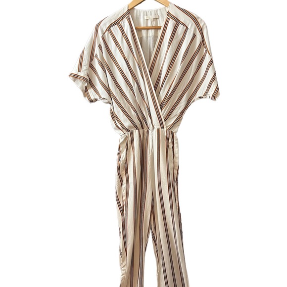 Maje Stripe Tan Brown White Striped Piene Short Sleeve Jumpsuit 36 - Picture 2 of 3